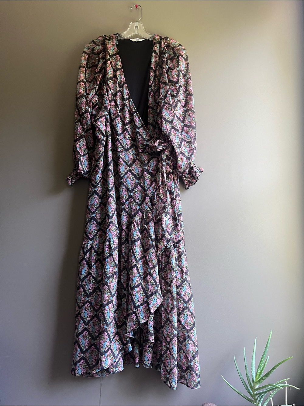 LC Lauren Conrad Black Floral Wrap Maxi Dress with Pink and Green Accents 2X